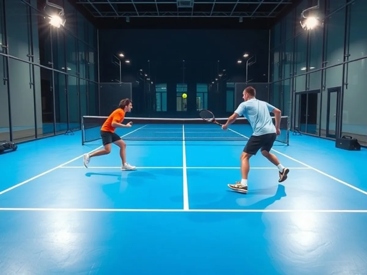Deux joueurs sur un court de padel intérieur derrière les vitres