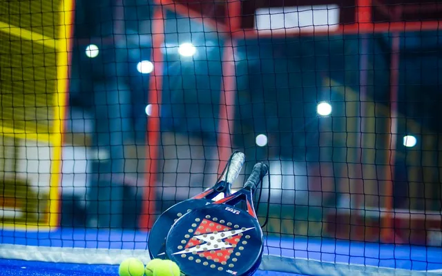 Raquettes et balles de padel posées contre le filet dans un club